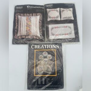 Lot Of 3 Vintage Charmin Creations Silk Screened Fabric Cross Stitch Pillow Kits